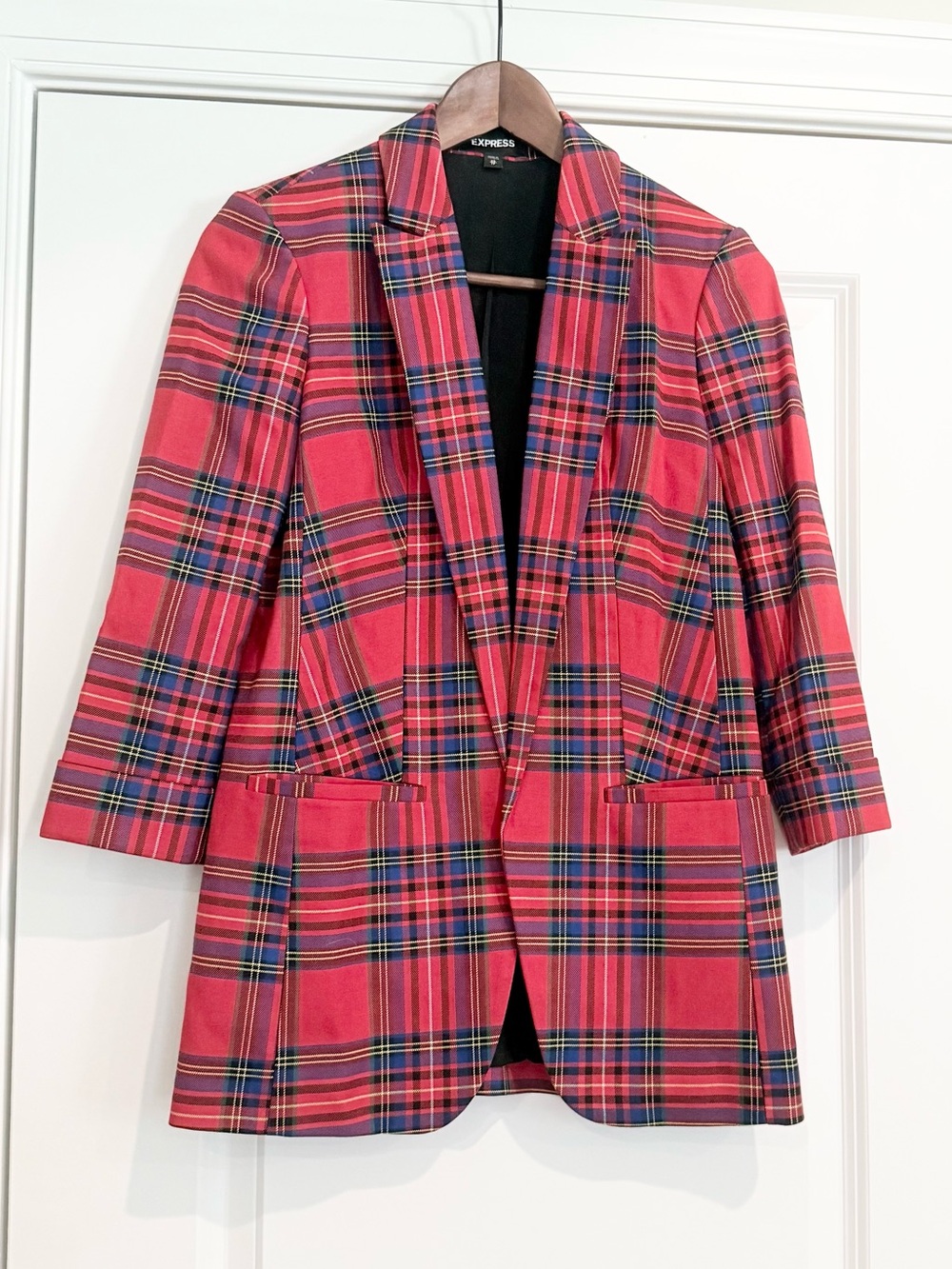 Express Plaid Roll Sleeve Boyfriend Blazer